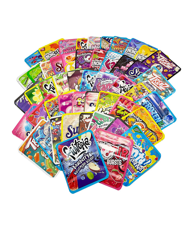 50 Pack 3.5g Thick Sticker Mylar Bags Premium Smell Proof Packaging Mix - Assorted Pack