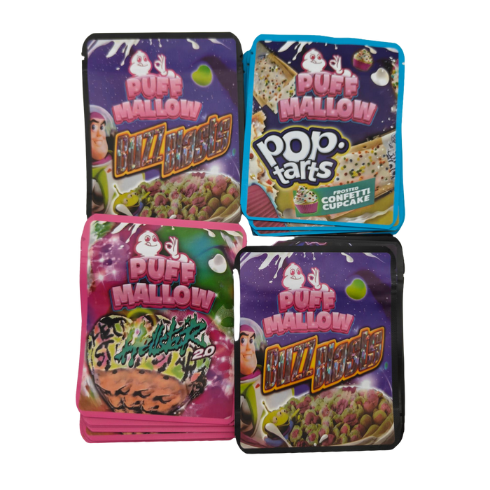 32 Pack – 3.5g Thick Sticker Mylar Bags – Premium Smell Proof Packaging Mix - Puff Mallow Asst (STBM-32PK-005)