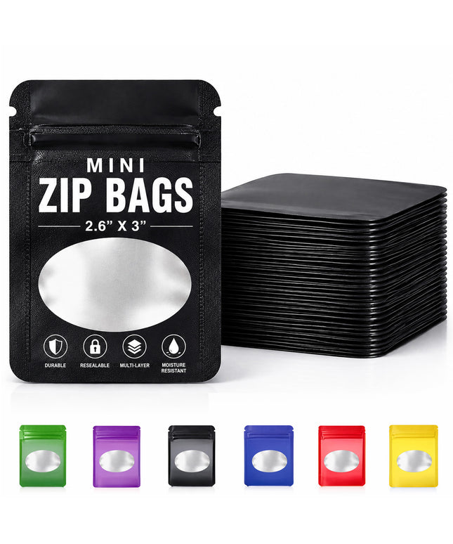 100 Pack - Mini Solid Color Zip-Seal Foil Pouches (2.6"x3") Oval Style Selection