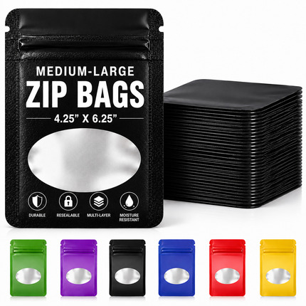 50 Pack - Med-Large Solid Color Zip-Seal Foil Pouches (4.25"x6.25") Oval Window Selection
