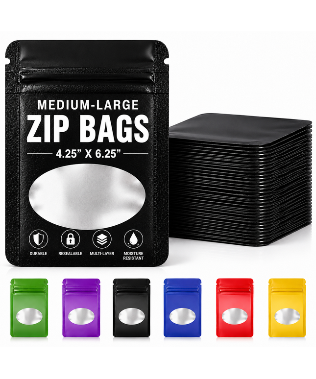 50 Pack - Med-Large Solid Color Zip-Seal Foil Pouches (4.25"x6.25") Oval Window Selection