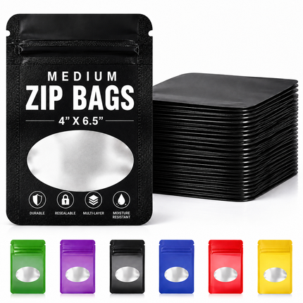 50 Pack - Medium Solid Color Zip-Seal Foil Pouches (4"x6.5") Oval Window Selection