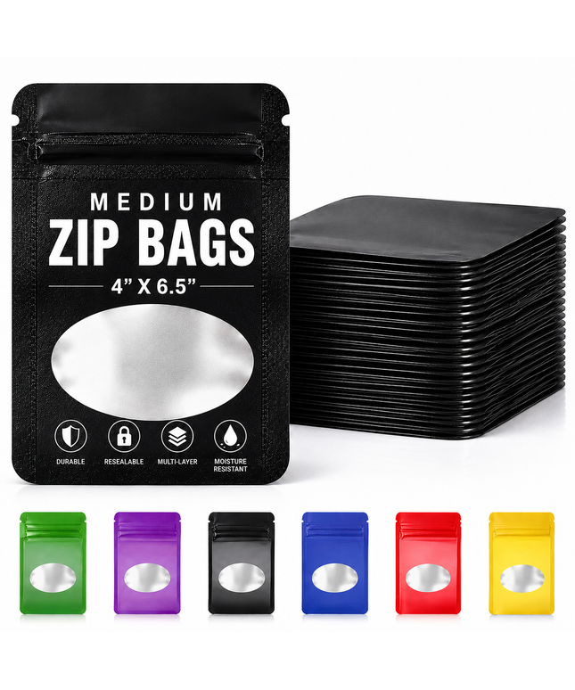 50 Pack - Medium Solid Color Zip-Seal Foil Pouches (4"x6.5") Oval Window Selection