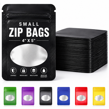 50 Pack - Small Solid Color Zip-Seal Foil Pouches (4"x5") Oval Style Selection