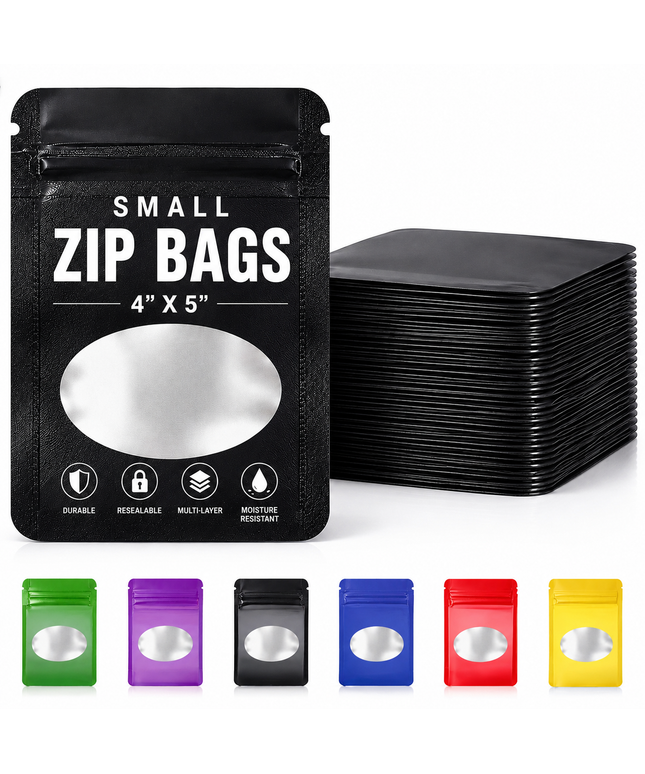 50 Pack - Small Solid Color Zip-Seal Foil Pouches (4"x5") Oval Style Selection