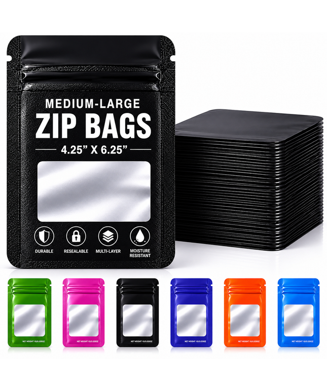 50 Pack - Med-Large Solid Color Zip-Seal Foil Pouches (4.25"x6.25") Square Style Selection