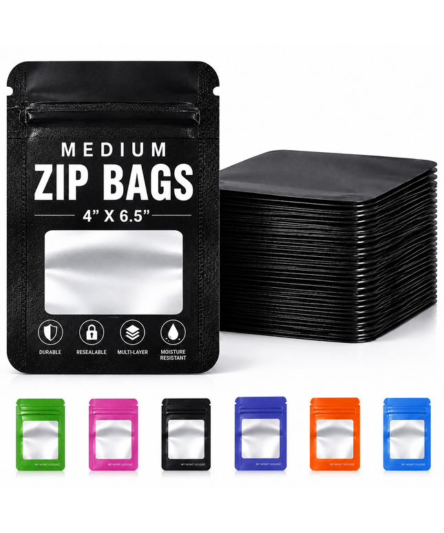 50 Pack - Medium Solid Color Zip-Seal Foil Pouches (4"x6.5") Square Style Selection