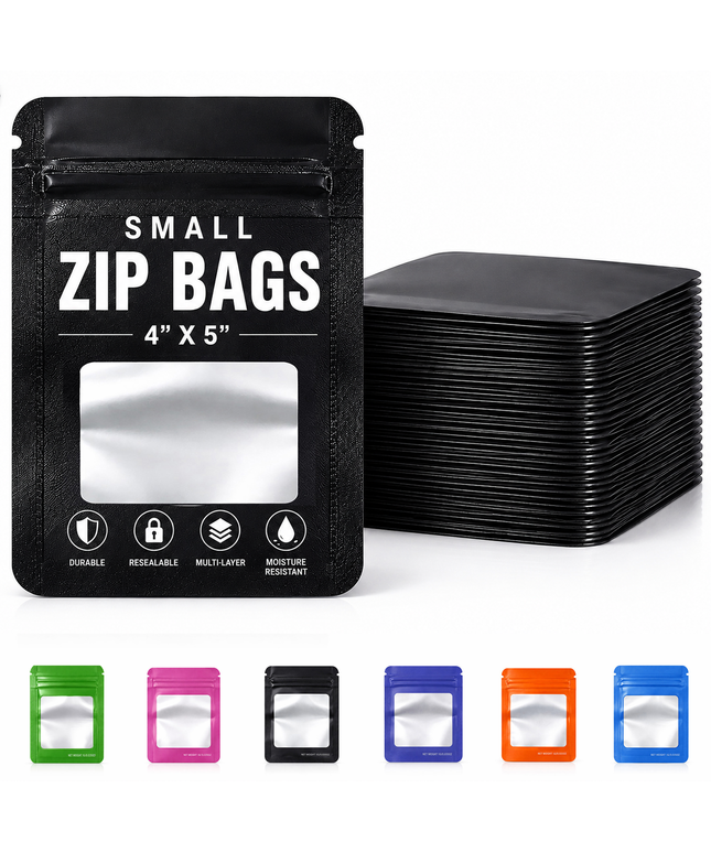 50 Pack - Small Solid Color Zip-Seal Foil Pouches (4"x5") Square Style Selection