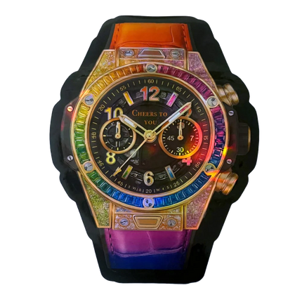 50 Pack 3.5g Watch-Shaped Mylar Bags – Rainbow Bezel Design