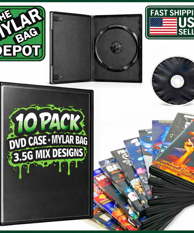 10 Pack 3.5g Mylar Bags with DVD Cases Mystery Retail Packaging Pouches - Assorted Designs